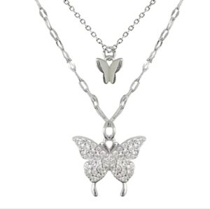 Silvertone Necklace Rhinestone Butterfly Double Layer